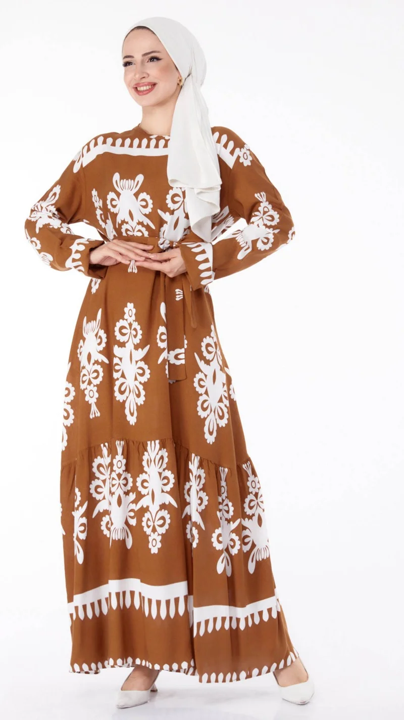 Tofisa Plain Crew Neck Women's Tan Ethnic Patterned Dress - 25601