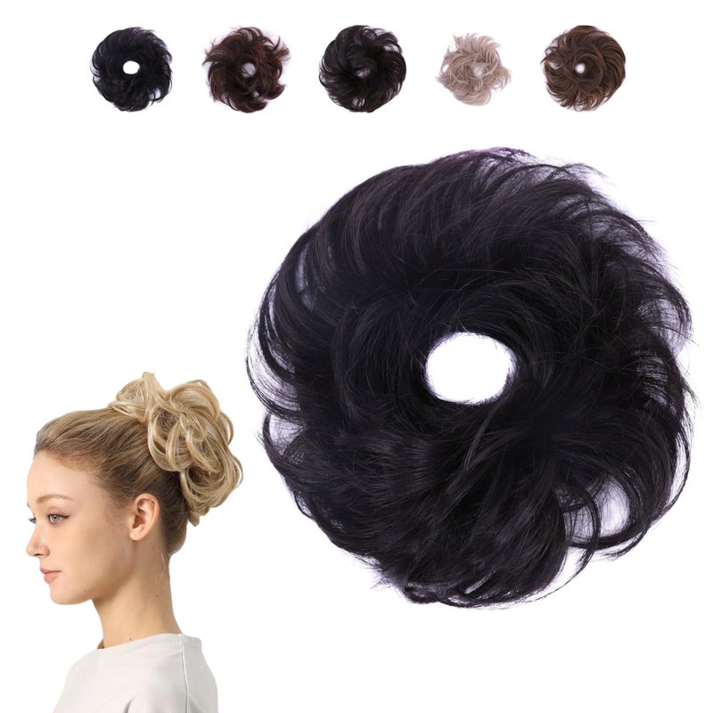 Juvabun Small Messy Bun Black Curly Wave Hair Scrunchie Everyday Wear Fake Bun Synthetic Hair Scrunchie