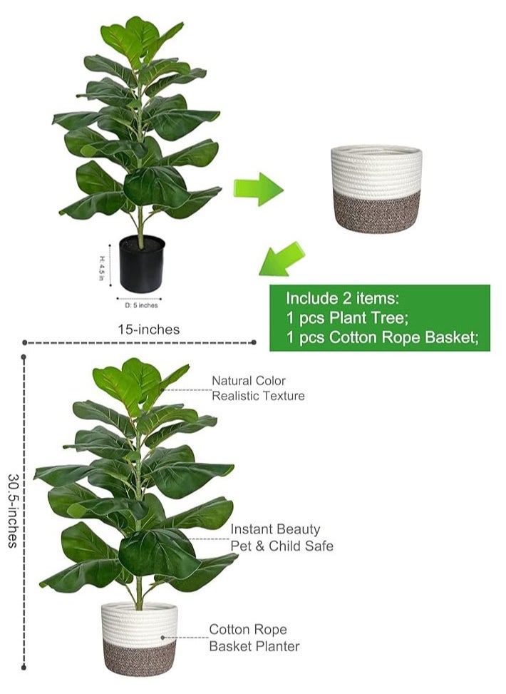 dida-cosmos Artificial Fiddle Leaf Fig Tree/Faux Ficus Lyrata for Home Office Decoration, 30.5" Tall, with Cotton Rope Basket  - Image 4