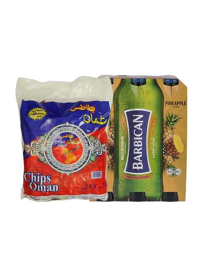 noon Chips Oman Chips 15grams Pack of 25 + Barbican Pineapple Flavoured Non-Alcoholic Malt Beverage NRB Pineapple 330ml Pack of 6 - Image 1