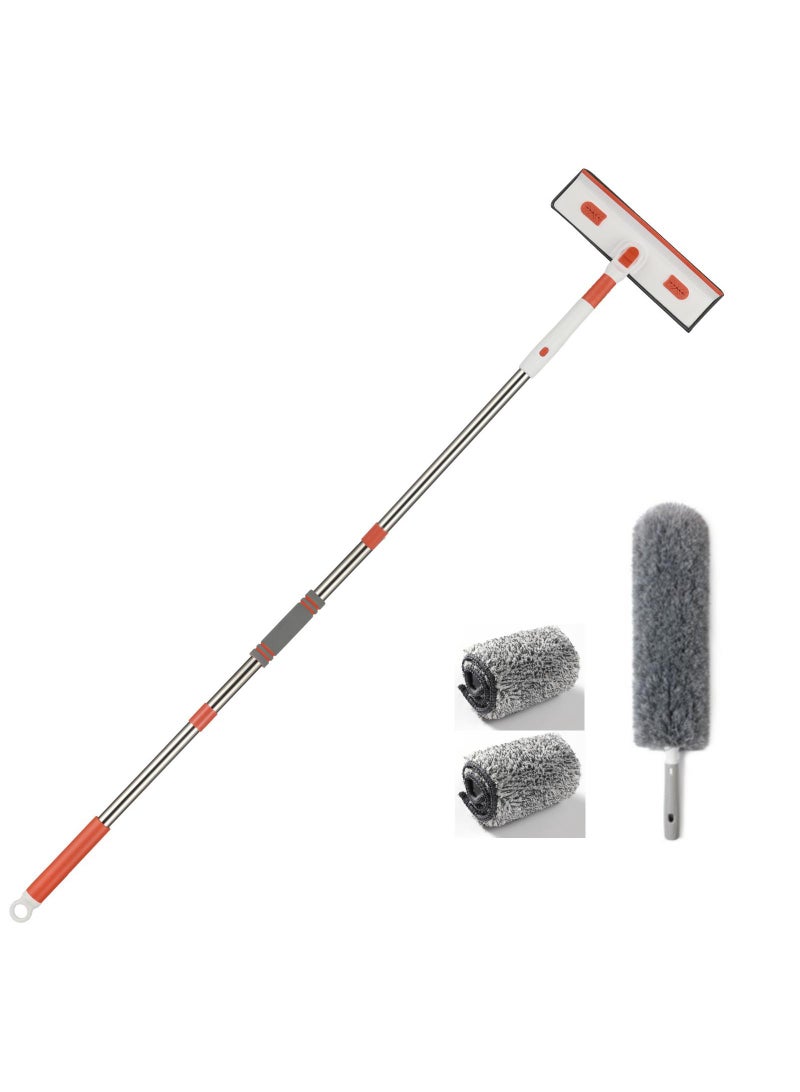 Y&D 3-Section Pole White/Orange Double-Sided Window Cleaner Rod With Scraper Tool With 2 Pcs Replacement Cloth And 1 Pcs Superfine Fiber Duster Head  - Image 1