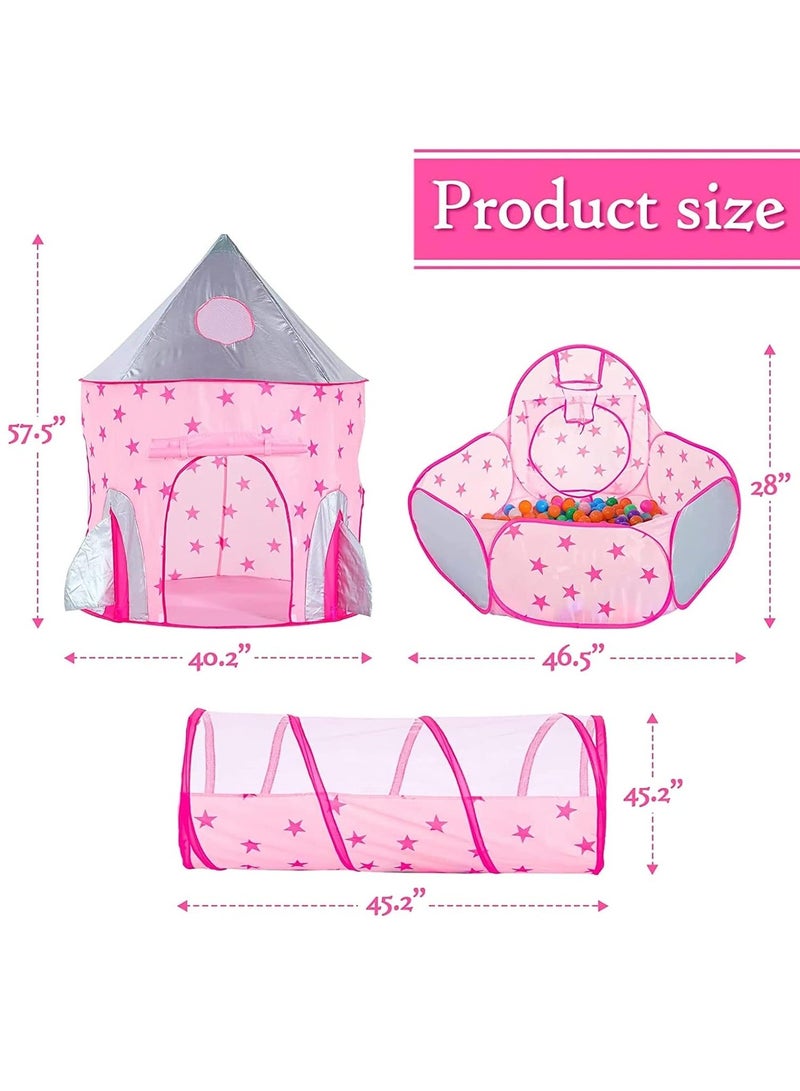 DUNISO 3 Pcs Kids Play Tent Sets (Play Tent, Crawl Tunnel And Ball Pit) Pop Up Portable Play Tent, Children Castle Playhouse For Girls & Boys, Indoor And Outdoor (Pink) - Image 3