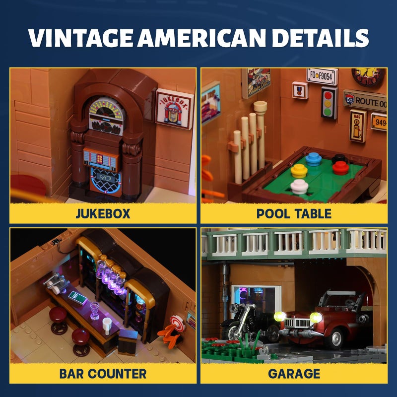 FUNWHOLE City Car-Hotel Lighting Building-Bricks Set - Road Trip Modular Twilight Motel Collection LED Light Car and Motorcycle Building Set 1970 Pcs for Adults and Teen - Image 5
