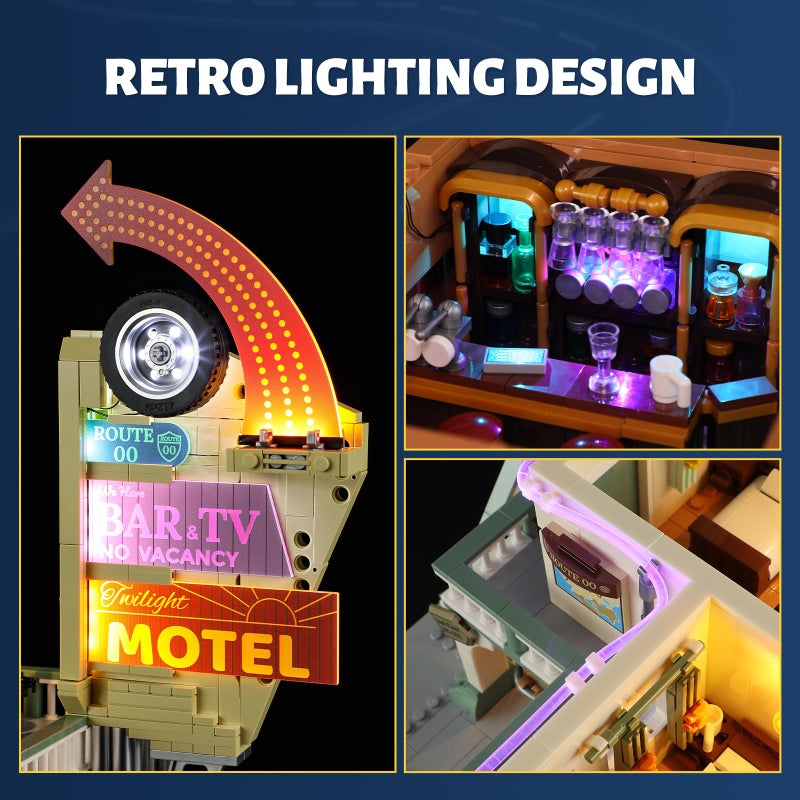 FUNWHOLE City Car-Hotel Lighting Building-Bricks Set - Road Trip Modular Twilight Motel Collection LED Light Car and Motorcycle Building Set 1970 Pcs for Adults and Teen - Image 4