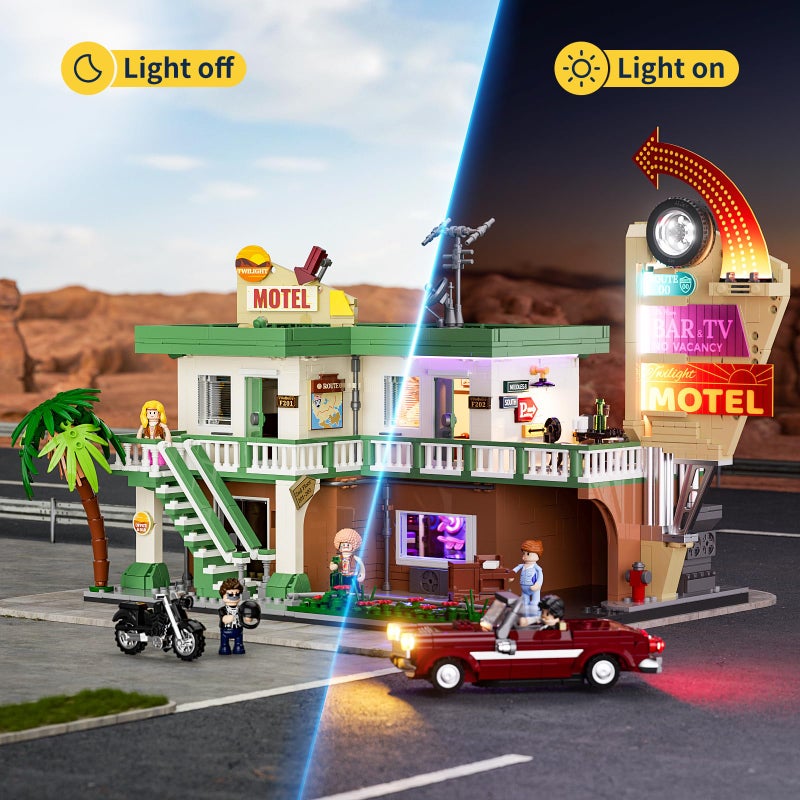 FUNWHOLE City Car-Hotel Lighting Building-Bricks Set - Road Trip Modular Twilight Motel Collection LED Light Car and Motorcycle Building Set 1970 Pcs for Adults and Teen - Image 2