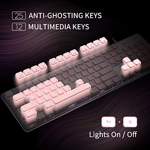LANGTU Computer Keyboard, Backlit LED Pink for Office, All-Metal Panel USB Wired Membrane, 25 Keys Anti-ghosting, 104 Keys Laptop Compatible - Image 4