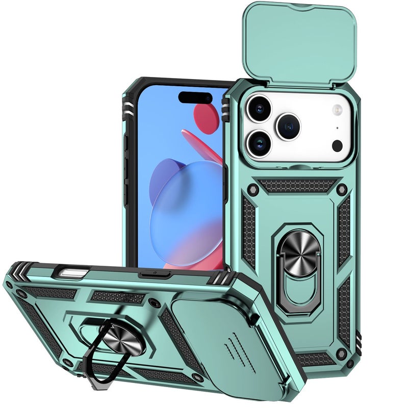 Green Phone Case Set For iPhone 14 Pro With 3 In 1 Sliding Camera Shield Stand - Image 4