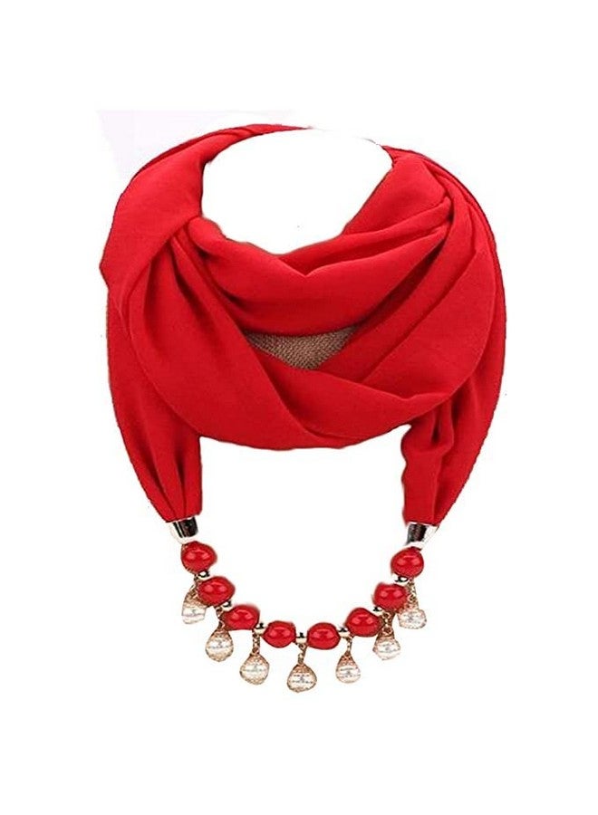 Krystle Girl's Scarf Crystal Bead Pendant Accessory Necklace Soft Scarves Stoels Muffler (Red) - Image 1