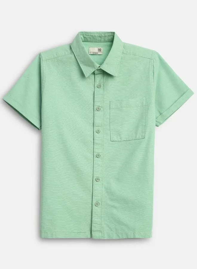 Bonkids Boy's shirts in regular fit sea green colour cotton fabric embellished pattern pull over closure woven weave type round collar type round neckline half sleeve length button down upper body wear type suitable for casual occasions – embrace the latest in chic design!