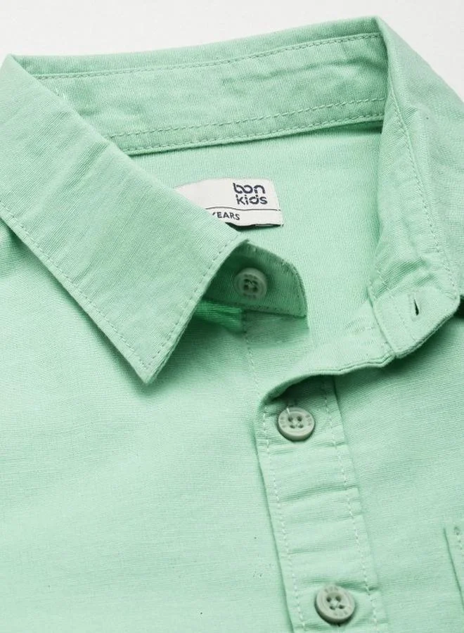 Bonkids Boy's shirts in regular fit sea green colour cotton fabric embellished pattern pull over closure woven weave type round collar type round neckline half sleeve length button down upper body wear type suitable for casual occasions – embrace the latest in chic design!