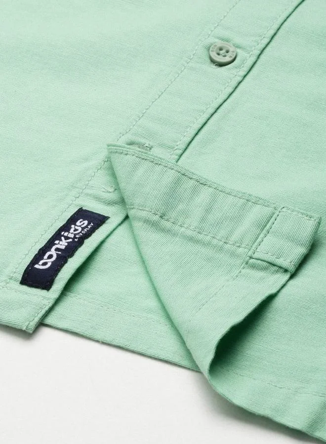 Bonkids Boy's shirts in regular fit sea green colour cotton fabric embellished pattern pull over closure woven weave type round collar type round neckline half sleeve length button down upper body wear type suitable for casual occasions – embrace the latest in chic design!