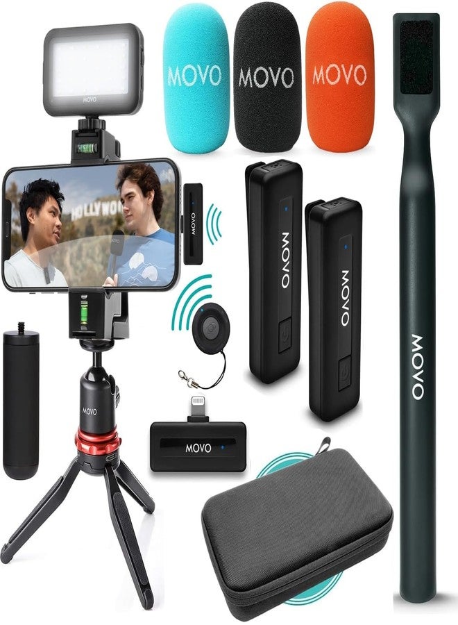 Movo iVlogger Wireless Vlogging Kit for iPhone with Dual Wireless Lavalier Microphone, Tripod, Phone Mount, LED Light, Wireless Remote, and WHX-HM Mic Handle - Wireless YouTube Starter Kit for iPhone - Image 1