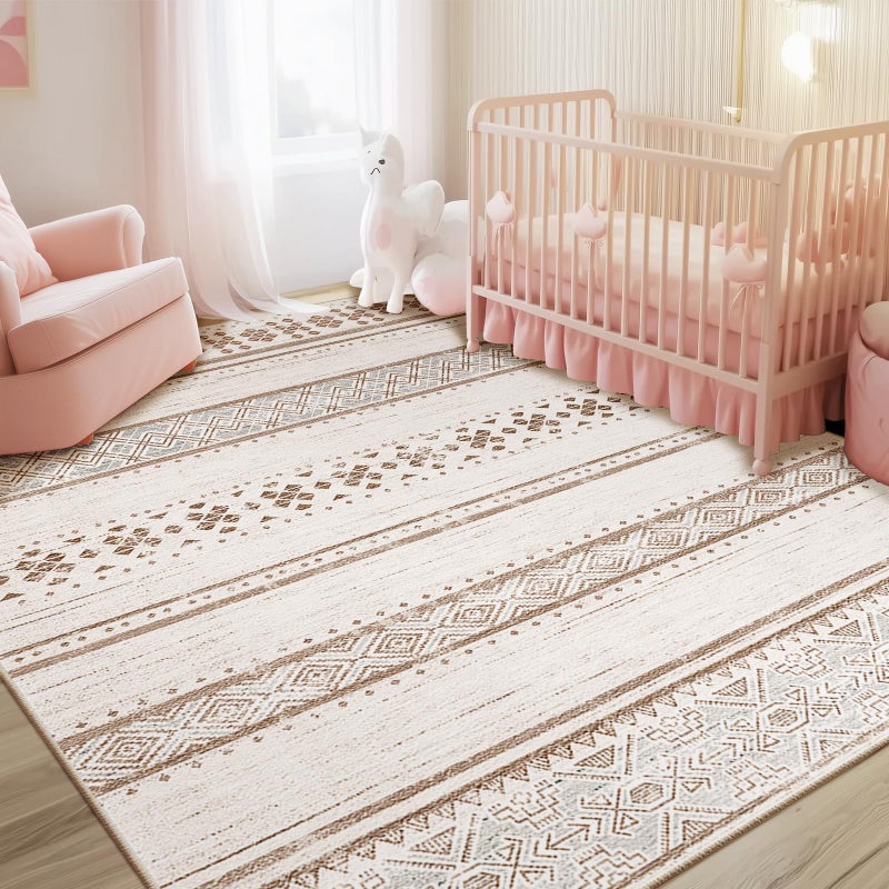 BESTSWEETIE 5x7 Area Rugs for Living Room Washable Moroccan Farmhouse Neutral Geometric Low Pile Non-Slip Soft Print Pattern Rug for Bedroom Kitchen Dining Room Entryway Cream/Brown/Pink - Image 1