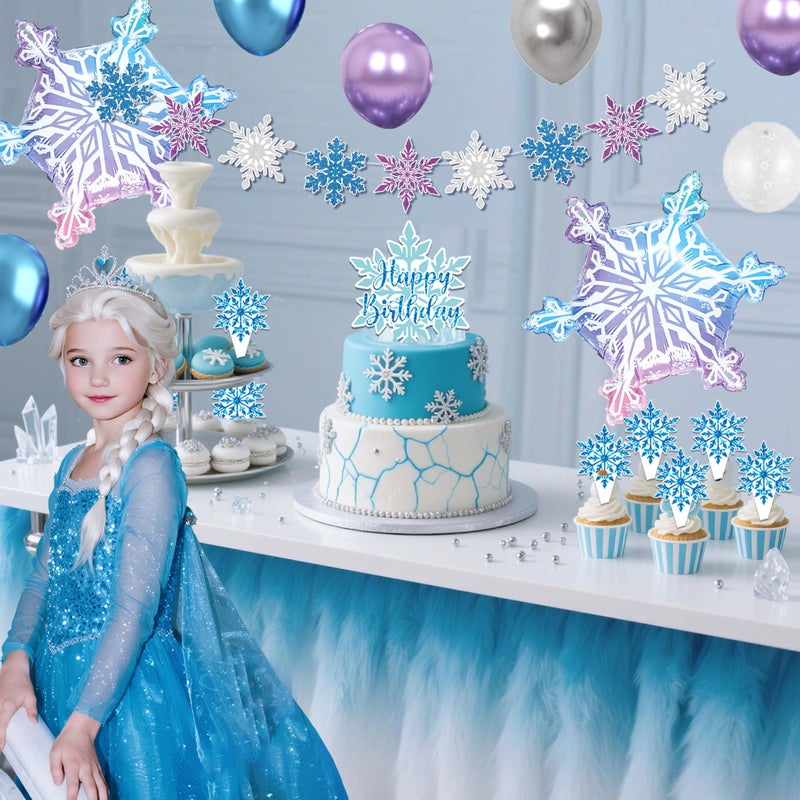 jenlion Frozen Birthday Party Decorations For Girls,Happy Birthday Backdrop,Banner,BlueBalloons,Table Cloth,Paper pom poms Party Supplies for Women - Image 4