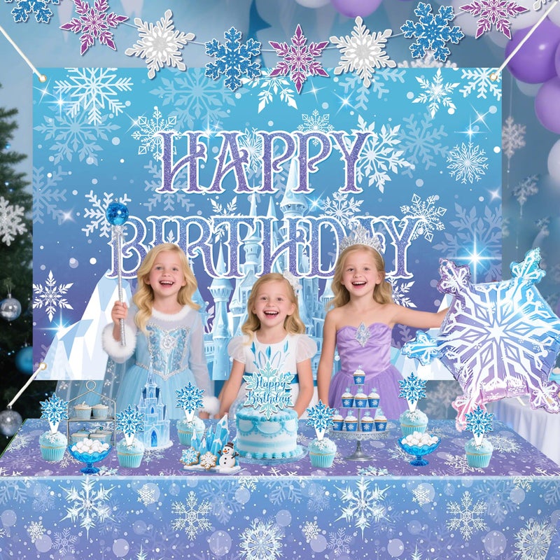 jenlion Frozen Birthday Party Decorations For Girls,Happy Birthday Backdrop,Banner,BlueBalloons,Table Cloth,Paper pom poms Party Supplies for Women - Image 3