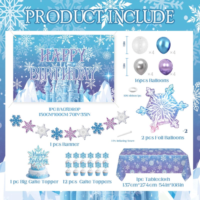 jenlion Frozen Birthday Party Decorations For Girls,Happy Birthday Backdrop,Banner,BlueBalloons,Table Cloth,Paper pom poms Party Supplies for Women - Image 2