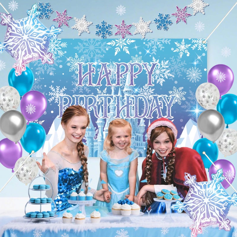 jenlion Frozen Birthday Party Decorations For Girls,Happy Birthday Backdrop,Banner,BlueBalloons,Table Cloth,Paper pom poms Party Supplies for Women - Image 5