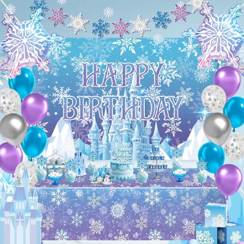 jenlion Frozen Birthday Party Decorations For Girls,Happy Birthday Backdrop,Banner,BlueBalloons,Table Cloth,Paper pom poms Party Supplies for Women - Image 1