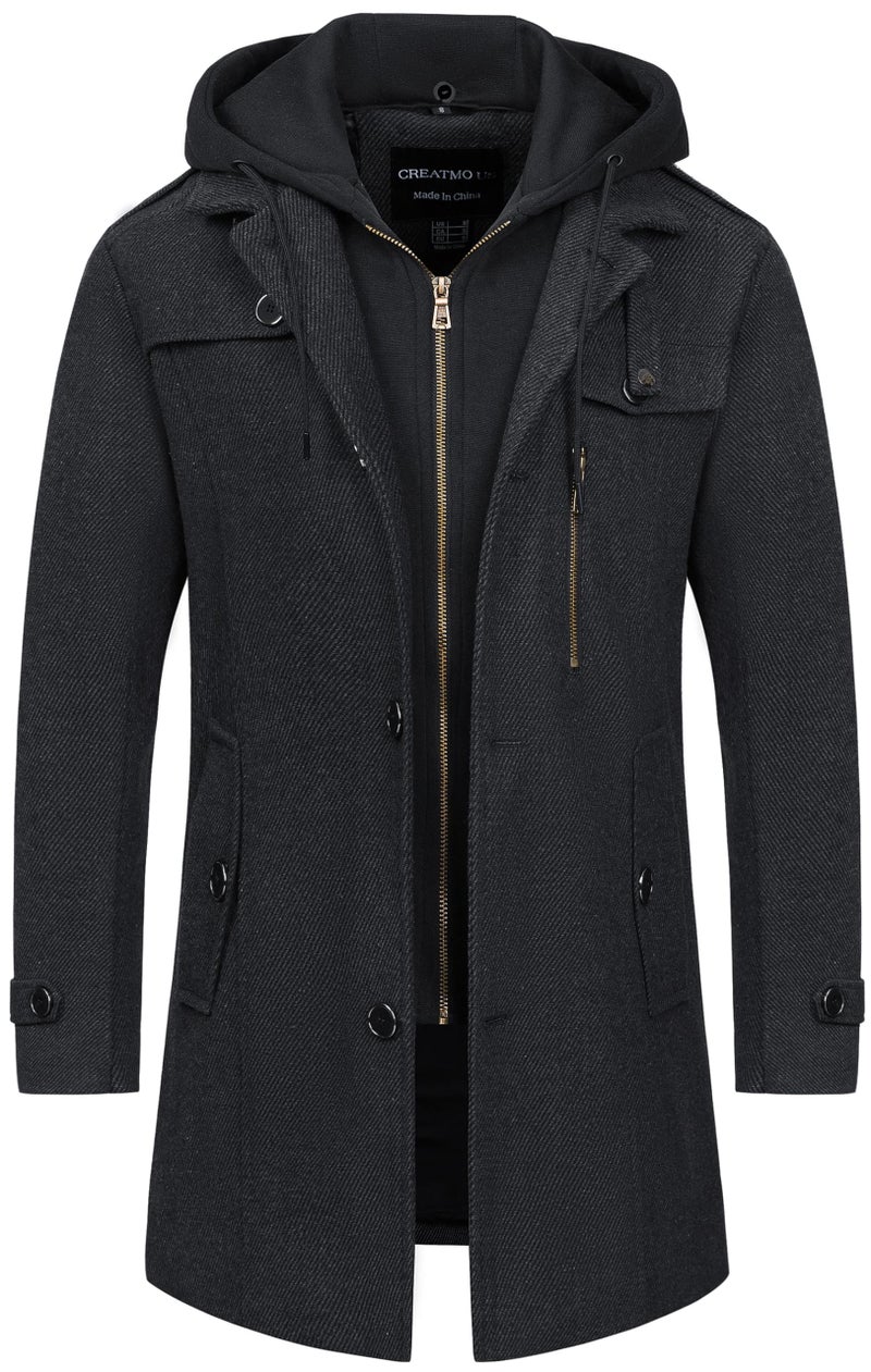 CREATMO US Coats For Men Wool Jacket Men's Blend Pea Coat Casual Jackets Hooded Mens Winter Trench Notched Lapel Collar Single Breasted Overcoat Classic Peacoat Ebony L - Image 1