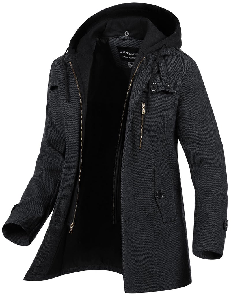 CREATMO US Coats For Men Wool Jacket Men's Blend Pea Coat Casual Jackets Hooded Mens Winter Trench Notched Lapel Collar Single Breasted Overcoat Classic Peacoat Ebony L - Image 2