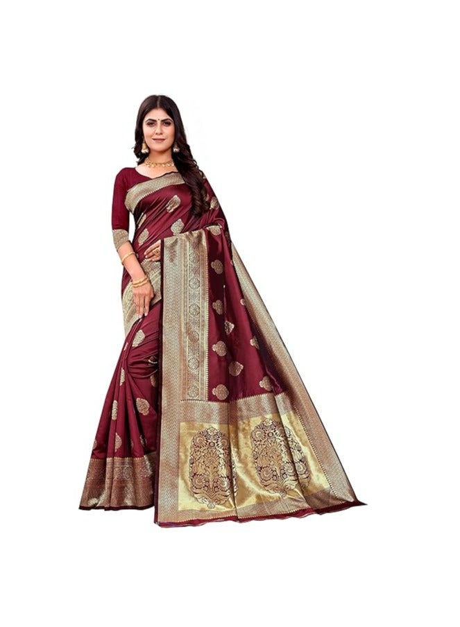 مملكة الإكسسوارات ساري حرير كانجيفارام الخالص للسيدات ساري حرير باناراسي مع قطعة بلوزة (paithani Pari122)  - Image 2