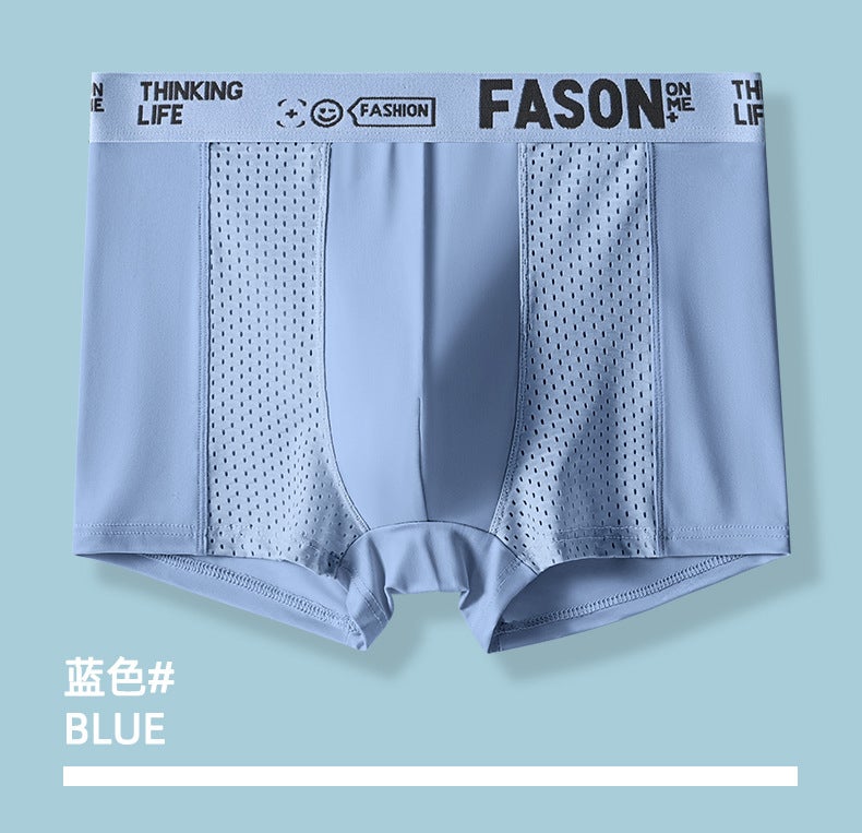 Summer Mens Ice Silk Breathable Underwear Boxer Briefs Blue (single strip without box) 