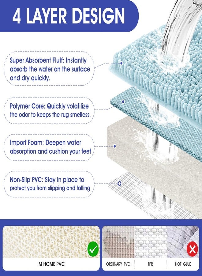 ACCUMTEK Striped Spa Blue Bathroom Rug Set 3 Pieces Ultra Soft, Non Slip Chenille Bath Carpet, Absorbent Plush Shaggy Bath Mats for Bathroom, Toilet, Bedroom, Kitchen - Image 3