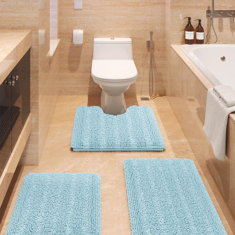 ACCUMTEK Striped Spa Blue Bathroom Rug Set 3 Pieces Ultra Soft, Non Slip Chenille Bath Carpet, Absorbent Plush Shaggy Bath Mats for Bathroom, Toilet, Bedroom, Kitchen - Image 1
