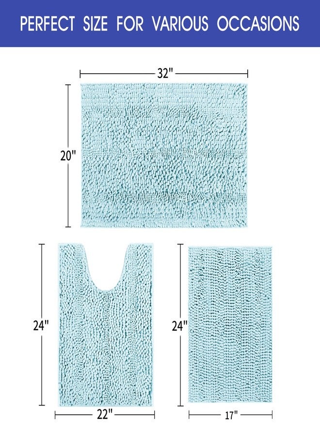 ACCUMTEK Striped Spa Blue Bathroom Rug Set 3 Pieces Ultra Soft, Non Slip Chenille Bath Carpet, Absorbent Plush Shaggy Bath Mats for Bathroom, Toilet, Bedroom, Kitchen - Image 5