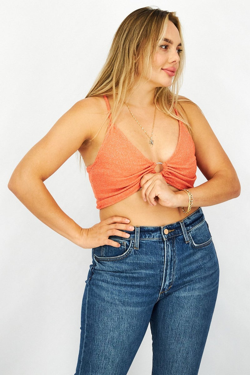 Sinsay Women V-Neck Sleeveless Metallic Cami Top, Orange - Image 1