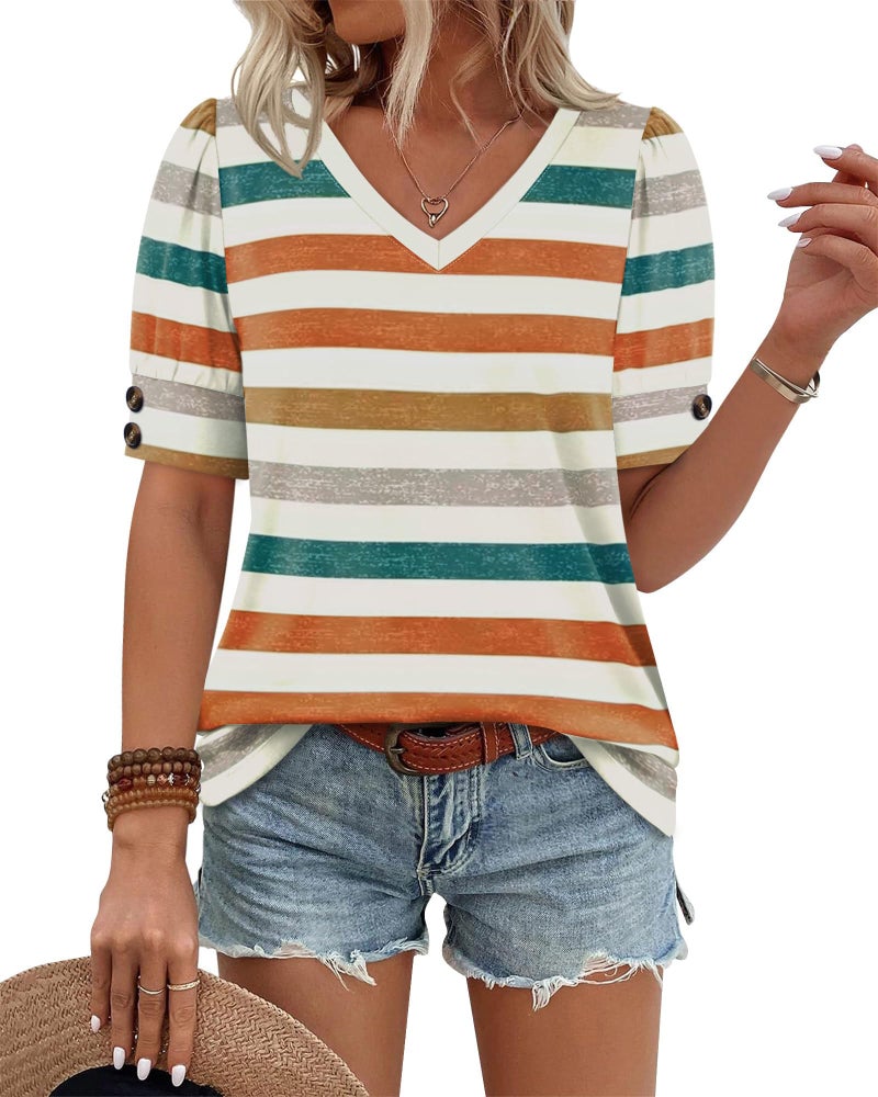 OFEEFAN Shirts for Women Short Sleeve Summer Tops Spring Cruise Outfits Color Block Trendy Cute Plus Size Beach Fashion Clothing Rainbow Stripes 2XL - Image 2