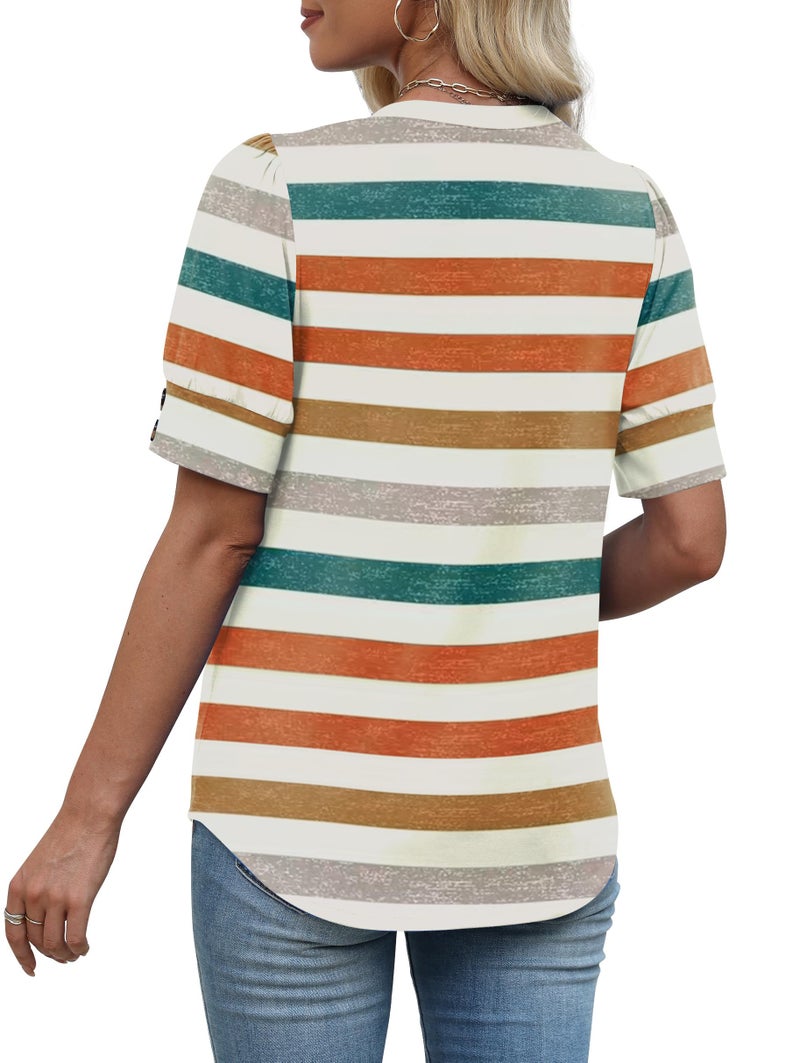 OFEEFAN Shirts for Women Short Sleeve Summer Tops Spring Cruise Outfits Color Block Trendy Cute Plus Size Beach Fashion Clothing Rainbow Stripes 2XL - Image 5
