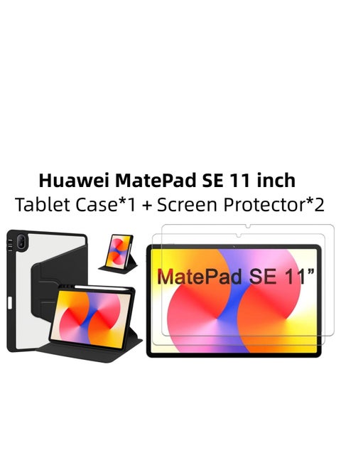 [1+2 Sets] For Huawei MatePad SE 11 inch Tablet Case & Screen Protector 360 Degree Swivel Stand Folio Flip Smart Tablet Cover 9H Tempered Glass Film HD Clear Scratch Resistant Bubble-Free Easy Installation