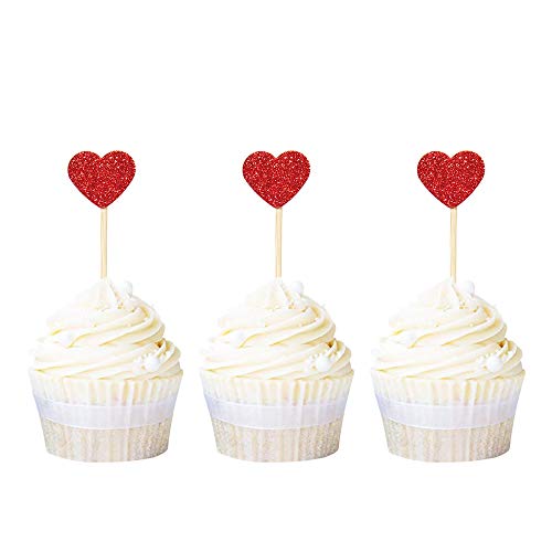 Ercadio Glitter Heart Cupcake Toppers Picks for Sweet Love Theme Wedding Engagement Bridal Shower Party Cake Decors 40 Pack Red - Image 1