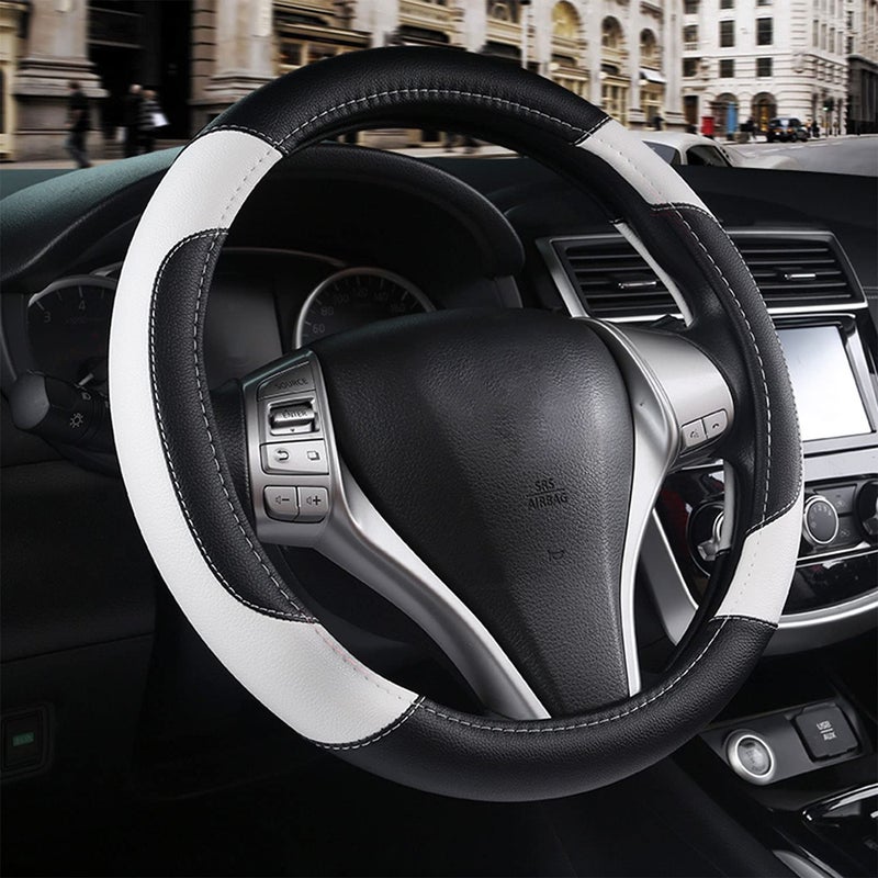 szttswamp Leather Car Steering Wheel Cover, Non-Slip Car Wheel Cover Protector Breathable Microfiber Leather Universal Fit for Most Cars(White) - Image 1