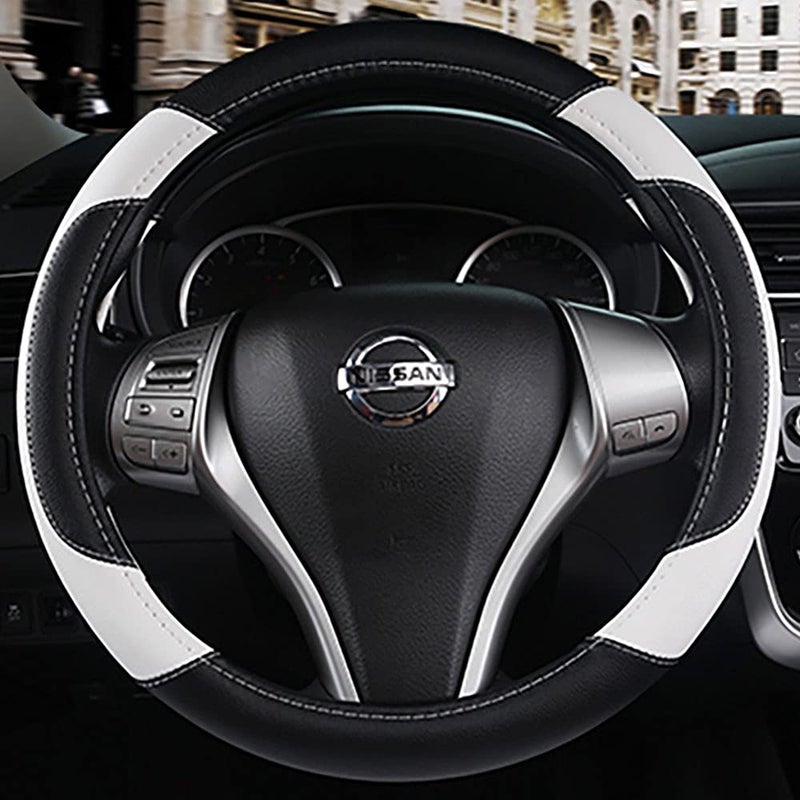 szttswamp Leather Car Steering Wheel Cover, Non-Slip Car Wheel Cover Protector Breathable Microfiber Leather Universal Fit for Most Cars(White) - Image 4