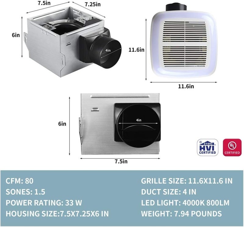 Tech Drive Very-Quiet 80 CFM, 1.5 Sone No Attic access Needed Installation Bathroom Ventilation and Exhaust Fan With LED light 4000K 800LM (80CFM),Ceiling Mounted Fan,Easy to Install - Image 3