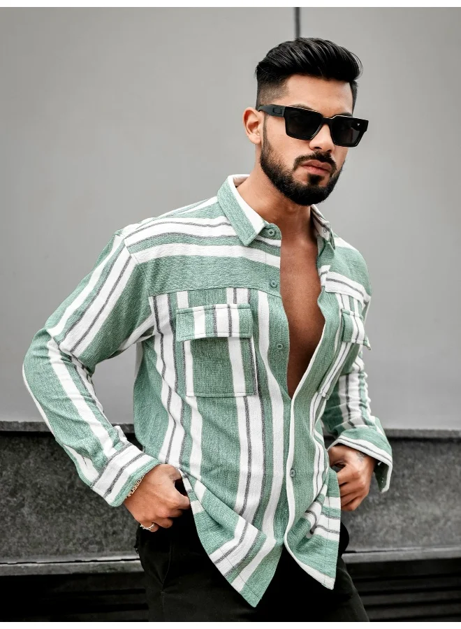 مانياك قميص مانياك رجالي بياقة مخططة وأكمام كاملة من مزيج البوليستر بلون أخضر بيرلي