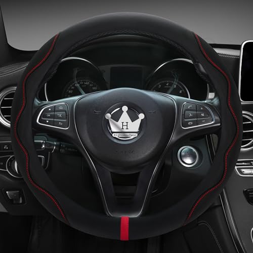 HighnessHwoo Luxury Suede Steering Wheel Cover for Cars Soft Leather Padded Wheels Cover for Sedan SUV Auto Interior Accessories Thin Car Handle Cover Universal Fit Anti Slip 1415in Black