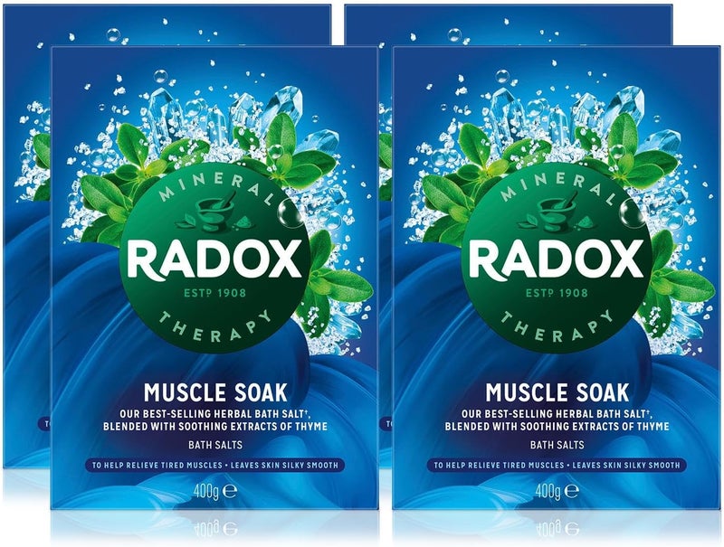 Radox Muscle Soak Bath Therapy Thyme Scented Herbal Bath Salt with expertly Blended Herbs and Minerals to Soothe and soak Your Tired and Aching Muscles 400g Multi Buy 4 Pack