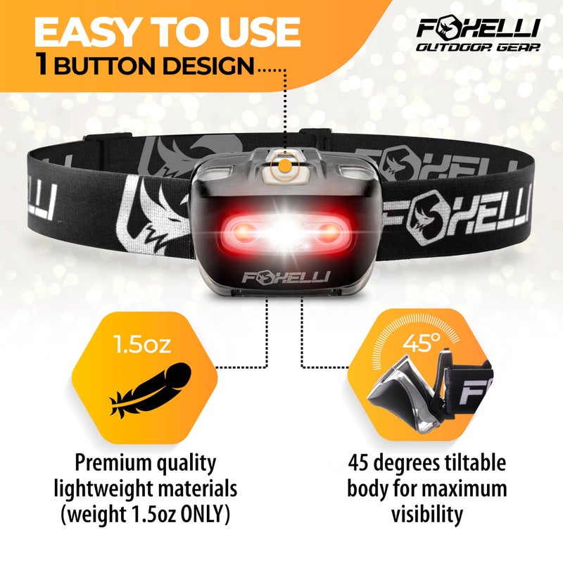 Foxelli LED Headlamp Flashlight for Adults & Kids, Running, Camping, Hiking Head Lamp with White & Red Light, Comfortable Headband, Lightweight & Waterproof, 3 AAA Batteries - Image 2