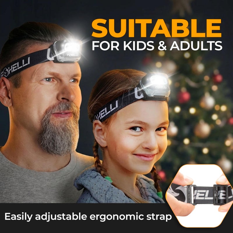 Foxelli LED Headlamp Flashlight for Adults & Kids, Running, Camping, Hiking Head Lamp with White & Red Light, Comfortable Headband, Lightweight & Waterproof, 3 AAA Batteries - Image 4