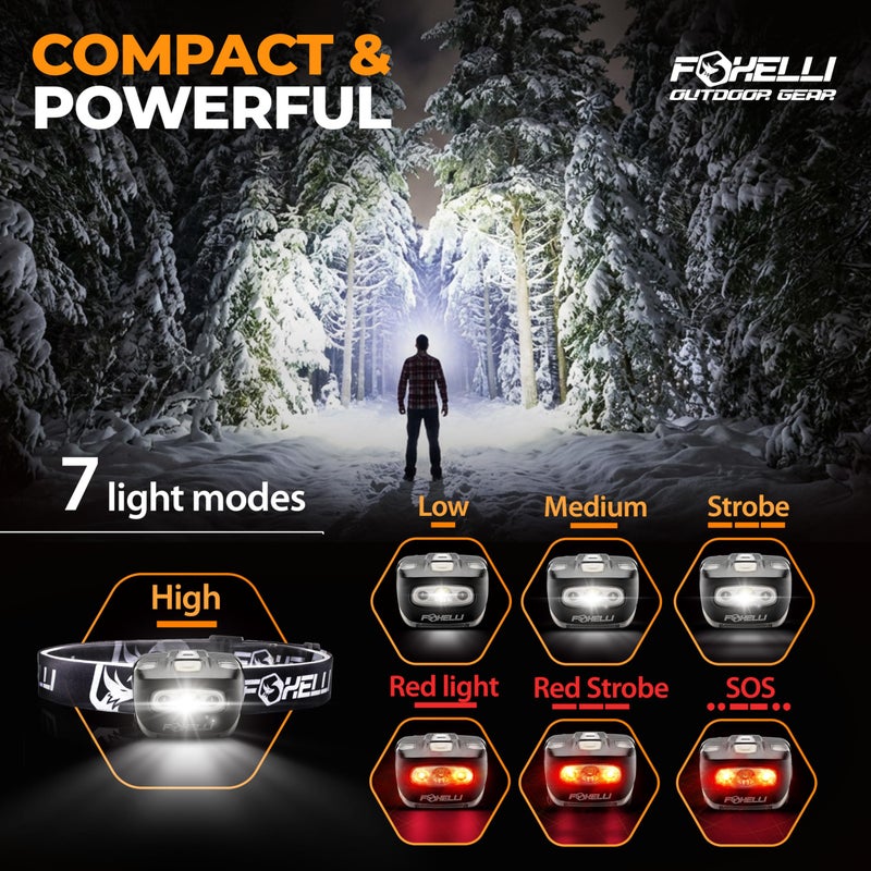 Foxelli LED Headlamp Flashlight for Adults & Kids, Running, Camping, Hiking Head Lamp with White & Red Light, Comfortable Headband, Lightweight & Waterproof, 3 AAA Batteries - Image 3