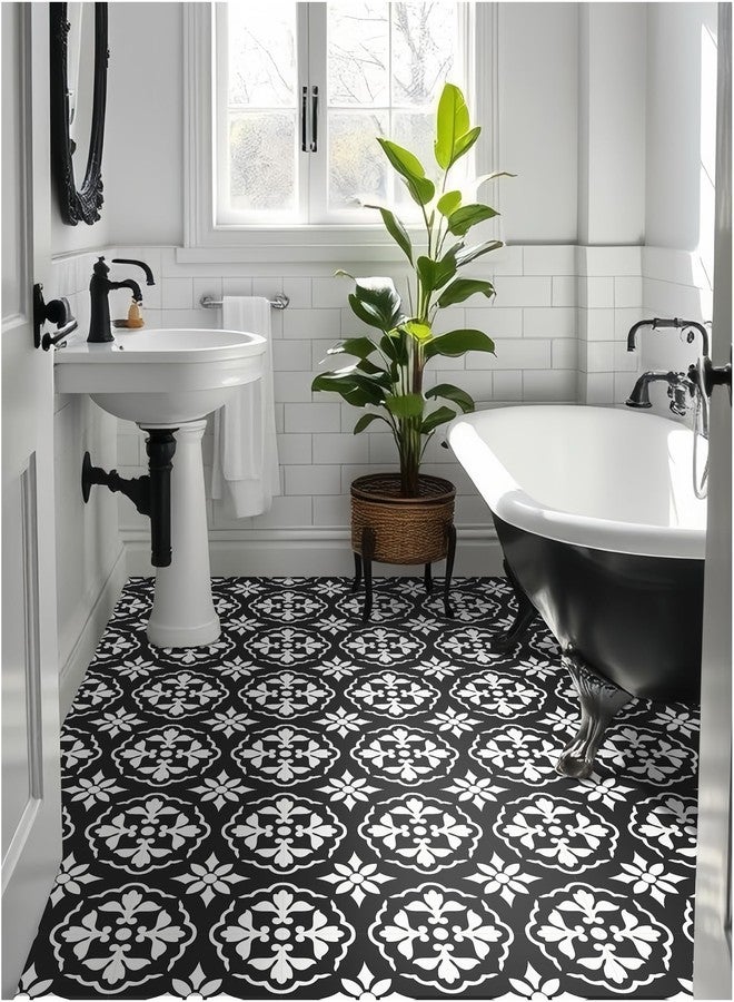 MORCART 7.87" x 7.87" Peel and Stick Floor Tile, 20 PCS Self-Adhesive DIY Vinyl Flooring for Renters, Removable and Waterproof Tile Sticker for Bathroom, Kitchen, Staircase (Black & White Retro) - Image 1