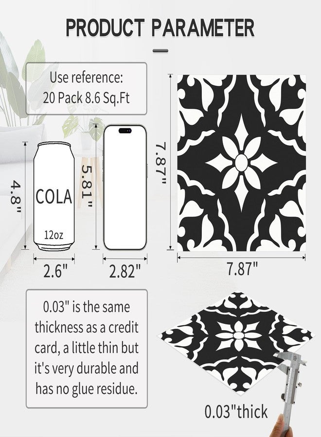 MORCART 7.87" x 7.87" Peel and Stick Floor Tile, 20 PCS Self-Adhesive DIY Vinyl Flooring for Renters, Removable and Waterproof Tile Sticker for Bathroom, Kitchen, Staircase (Black & White Retro) - Image 2