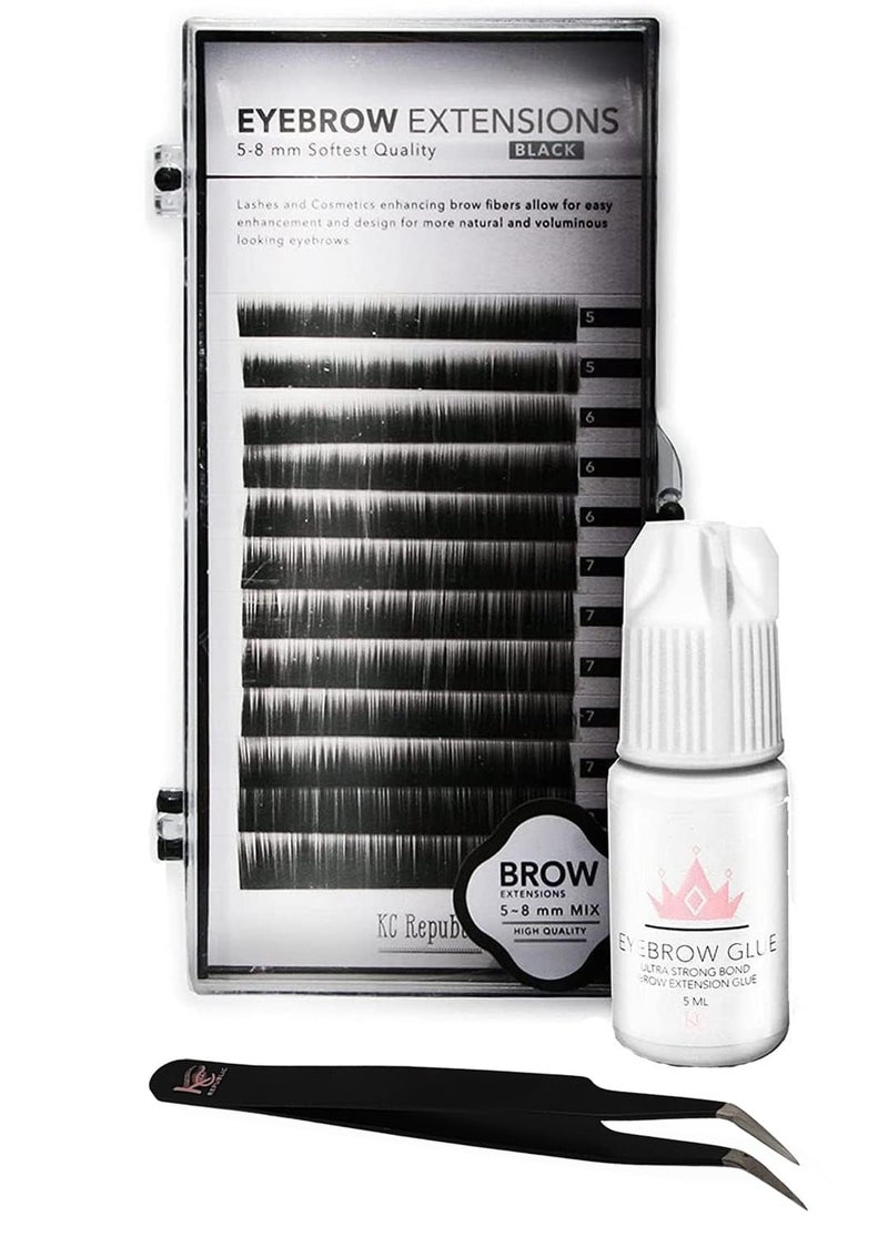 KC Republic Lash Eyebrow Extensions Kit with 1 x Trays of Mink False Eyebrows in Black Comes on Mixed Length Trays 58 mm Eyebrow Glue Clear  Extension Tweezers Black Eyebrow Black Tweezer