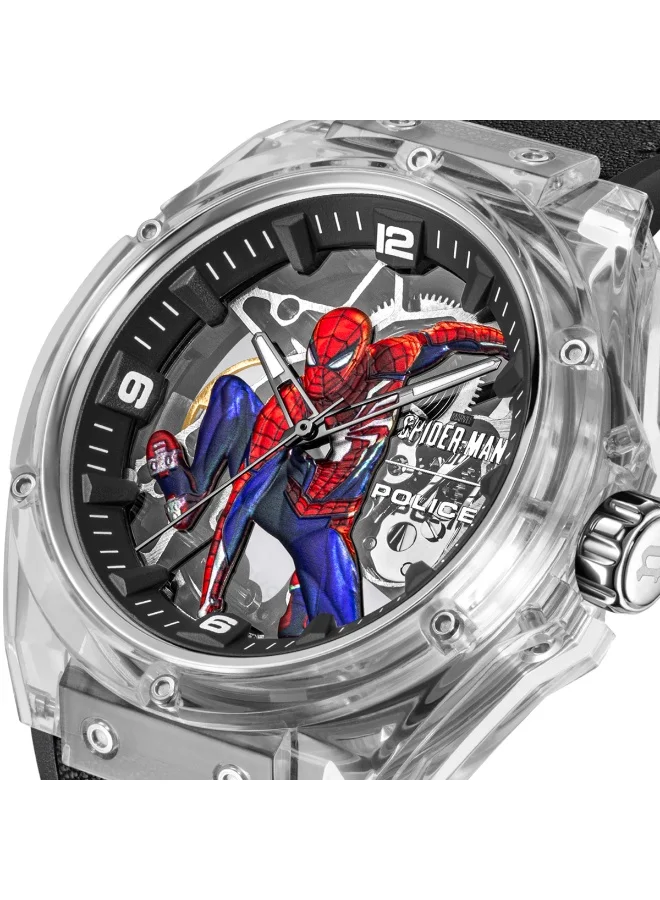 POLICE Men's Spider-Sense Edition Transparent Dial Black Silicone Strap Automatic Watch for Men 44mm