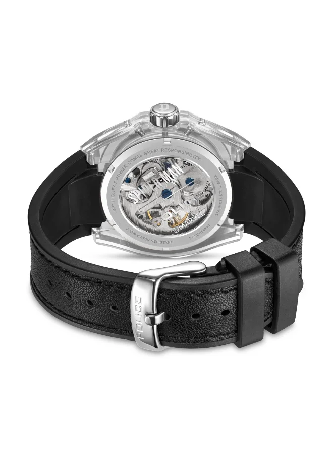 POLICE Men's Spider-Sense Edition Transparent Dial Black Silicone Strap Automatic Watch for Men 44mm