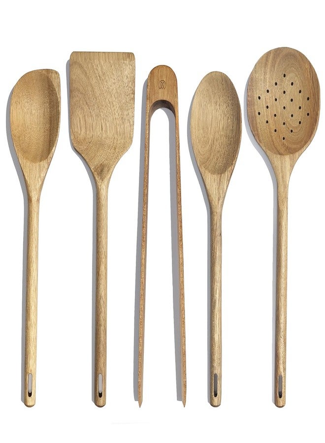 Mitus Non-Toxic Wooden Cooking Utensils - 5 Pcs Natural Acacia Hardwood Set for Nonstick Pans & Cookware - Kitchen Gift Set (Wooden Spoons, Skimmer, Tongs, Spatula) - Image 1