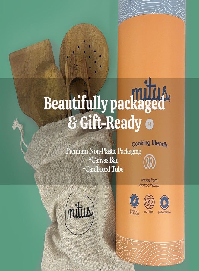 Mitus Non-Toxic Wooden Cooking Utensils - 5 Pcs Natural Acacia Hardwood Set for Nonstick Pans & Cookware - Kitchen Gift Set (Wooden Spoons, Skimmer, Tongs, Spatula) - Image 5